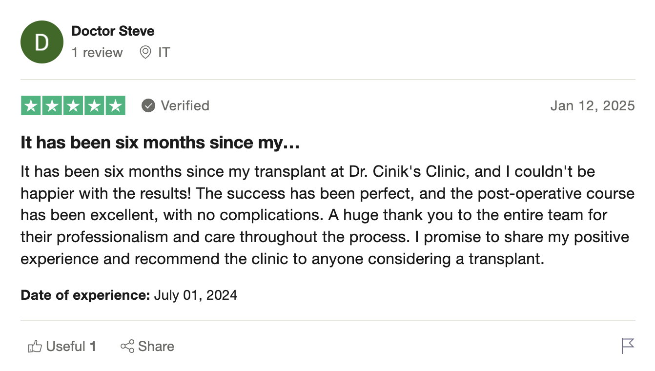 A 5-star Trustpilot review by Doctor Steve about his hair transplant results at Dr. Cinik’s Clinic after six months.