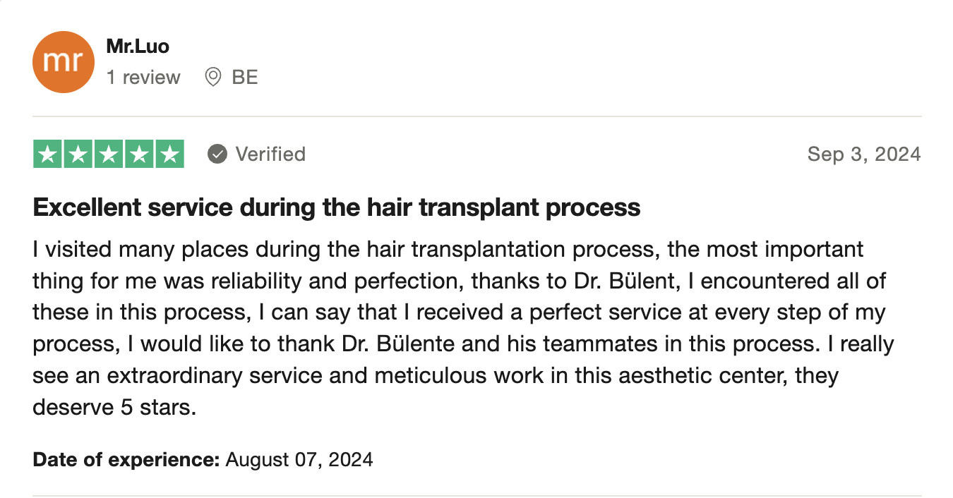 A 5-star Trustpilot review by Nadeem Khursheed about his hair transplant experience at Sule Clinic.