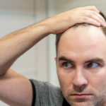 A man standing in front of a mirror, pulling back his hair with one hand to inspect a receding hairline.