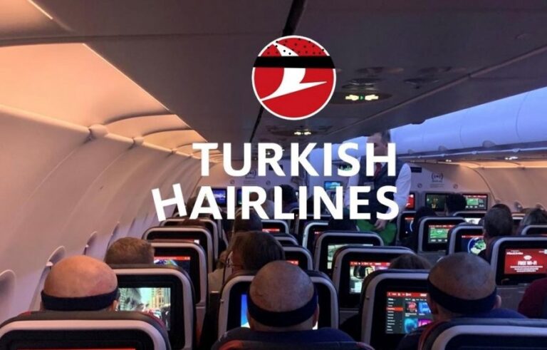 An airplane cabin scene where multiple passengers wearing head bandages—likely from recent hair transplant procedures—are seated, playfully referencing “Turkish Hairlines.”